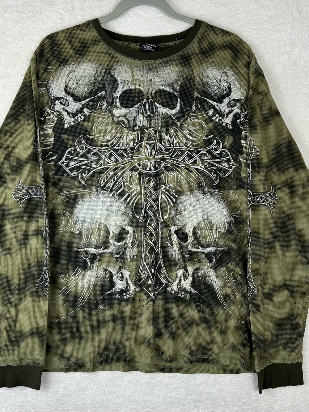 VTG Y2K MMA Elite Shirt XL Green Skull Cross Goth Thermal Waffle Grunge Distress